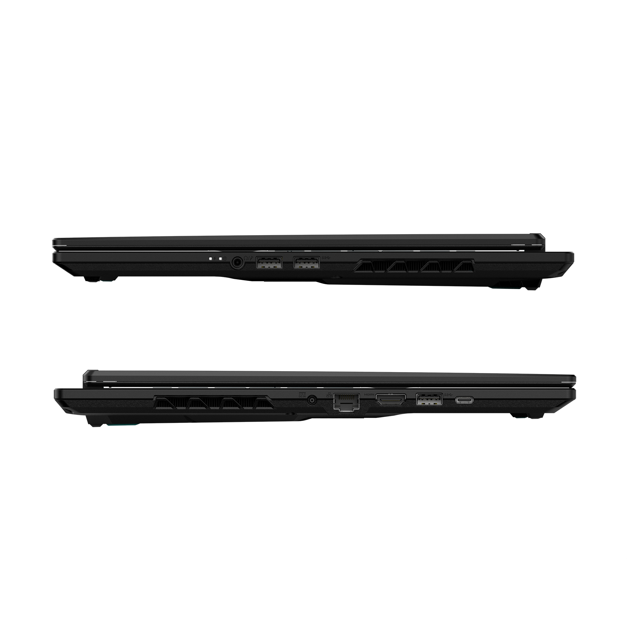 Seitenansichten eines geschlossenen Laptops mit Anschlüssen und Lüftungsschlitzen.