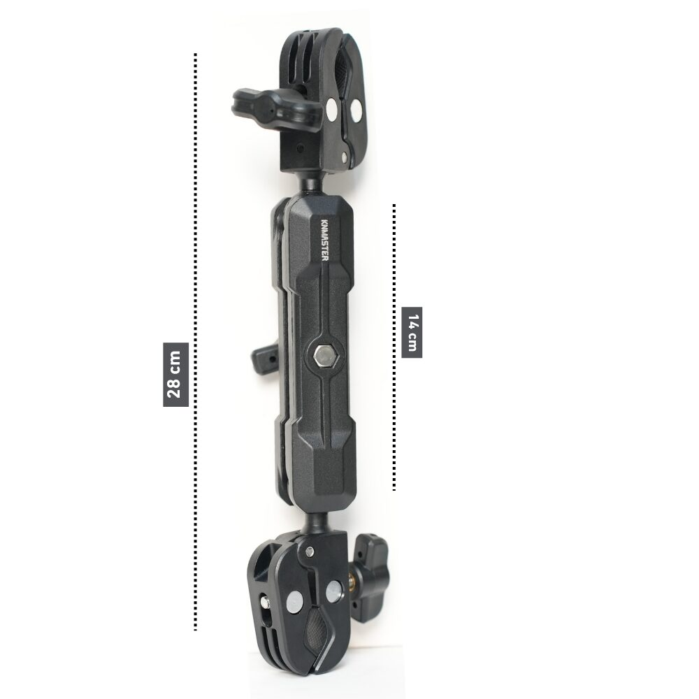 Her iki ucunda kelepçeler bulunan siyah çok amaçlı tutucu, toplam uzunluğu 28 cm ve orta kısmı 14 cm.