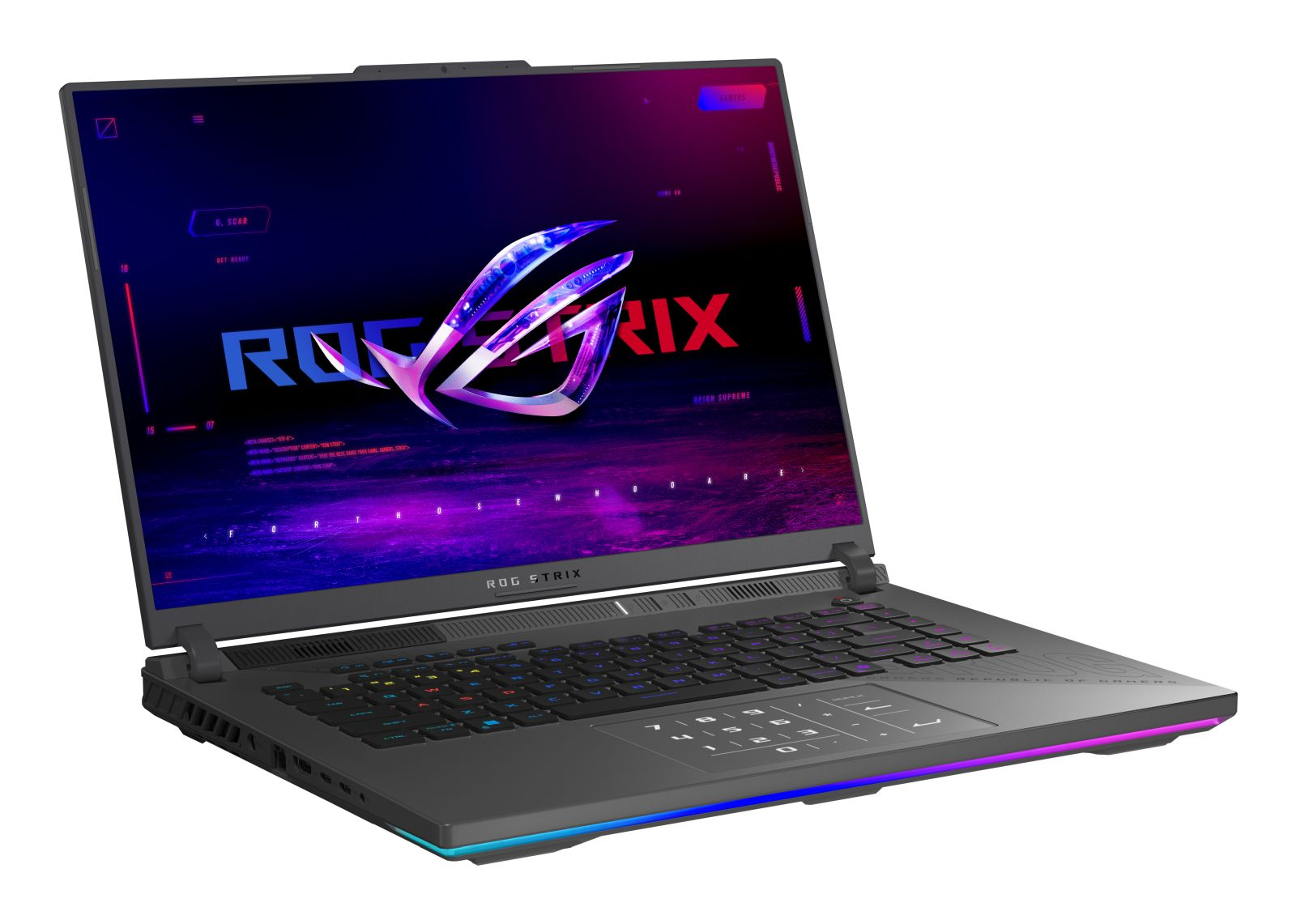 Asus ROG Strix Gaming-Laptop in Grau mit beleuchteter Tastatur und ROG-Logo auf dem Bildschirm vor weißem Hintergrund.