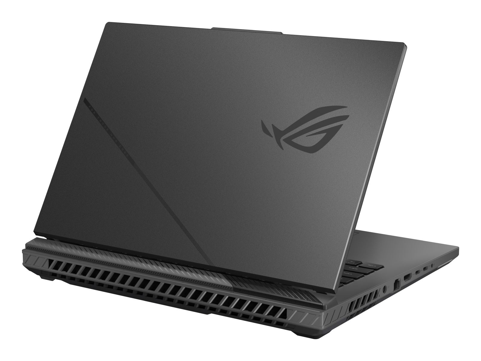 Ein grauer ASUS ROG Gaming-Laptop mit Logo auf dem Deckel und Lüftungsgittern.