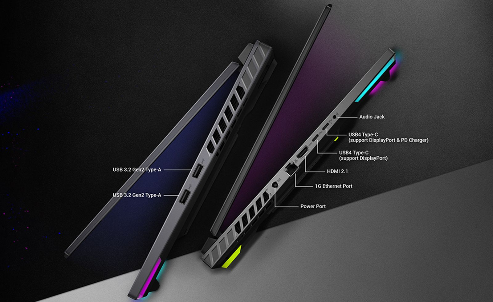 Seitenansicht zweier schwarzer Laptops mit gelabelten Anschlüssen wie USB, HDMI und Audio.