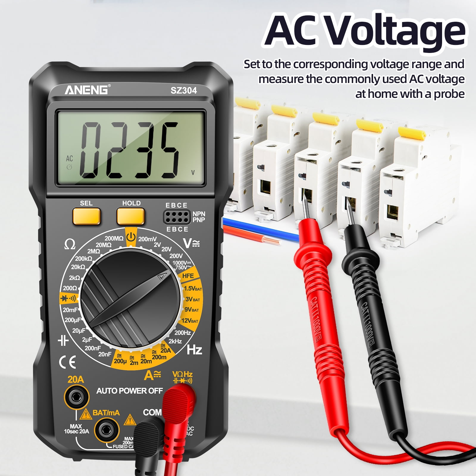 Ein digitales Multimeter misst die Netzspannung mit roten und schwarzen Prüfspitzen neben Leitungsschutzschaltern.