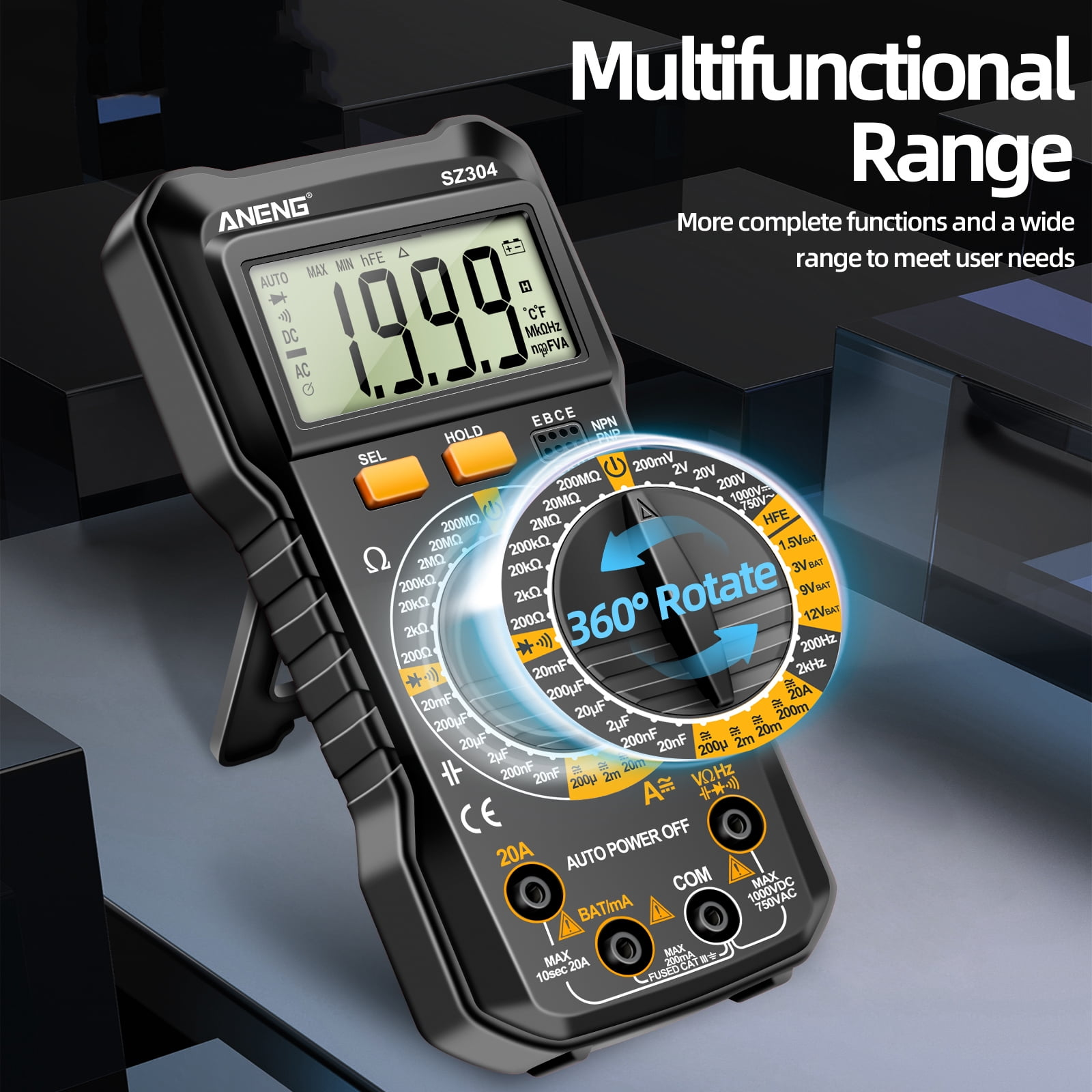Ein schwarzes Multimeter mit digitalem Display, Drehschalter und Anschlüssen steht auf einem Tisch.