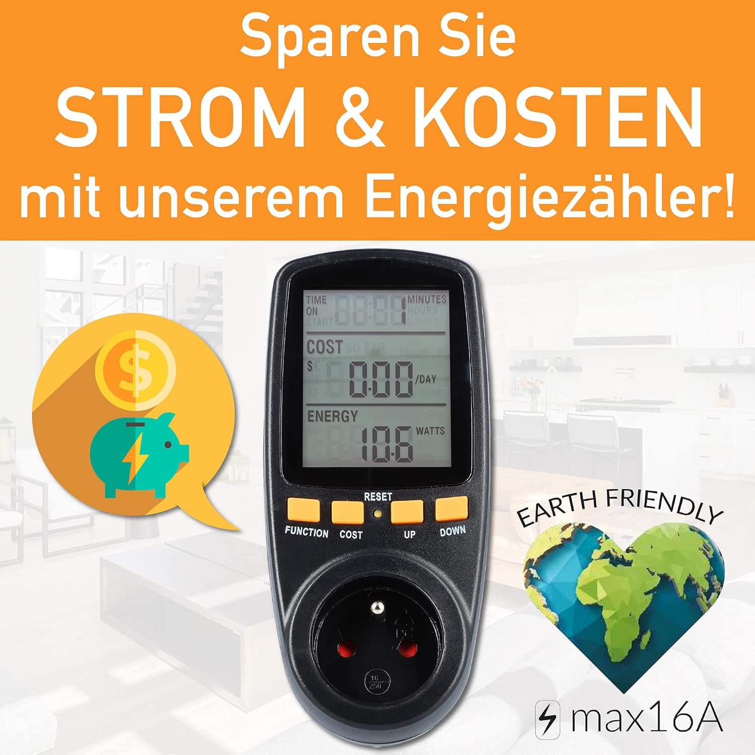 Stromzähler mit digitalem Display und Steckdose, umgeben von Spar- und Erdsymbolen vor einem Wohnzimmer.