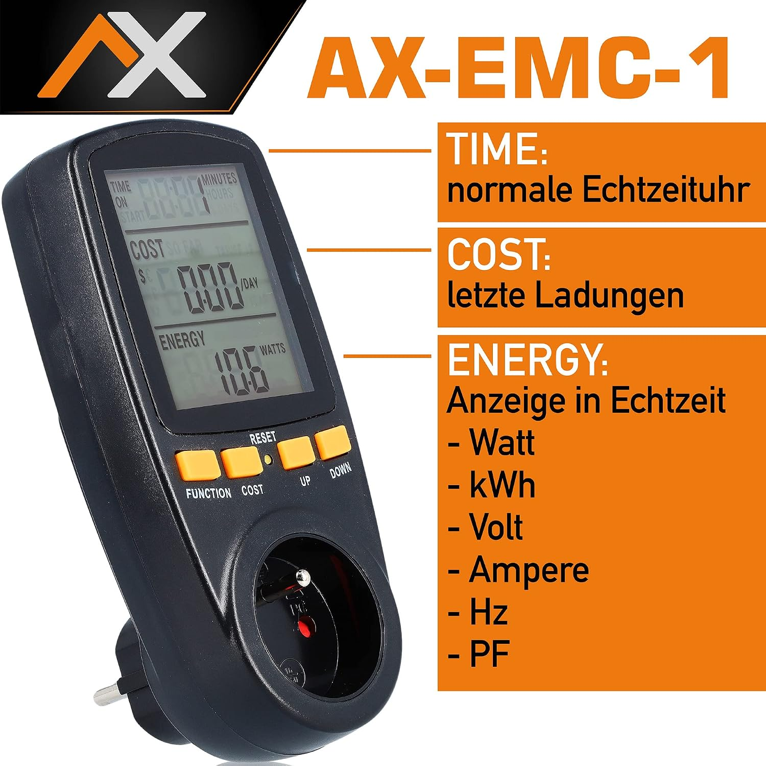 Schwarzes AX-EMC-1 Strommessgerät mit digitalem Display, Steckdose und gelben Bedientasten auf orangefarbenem Grund.
