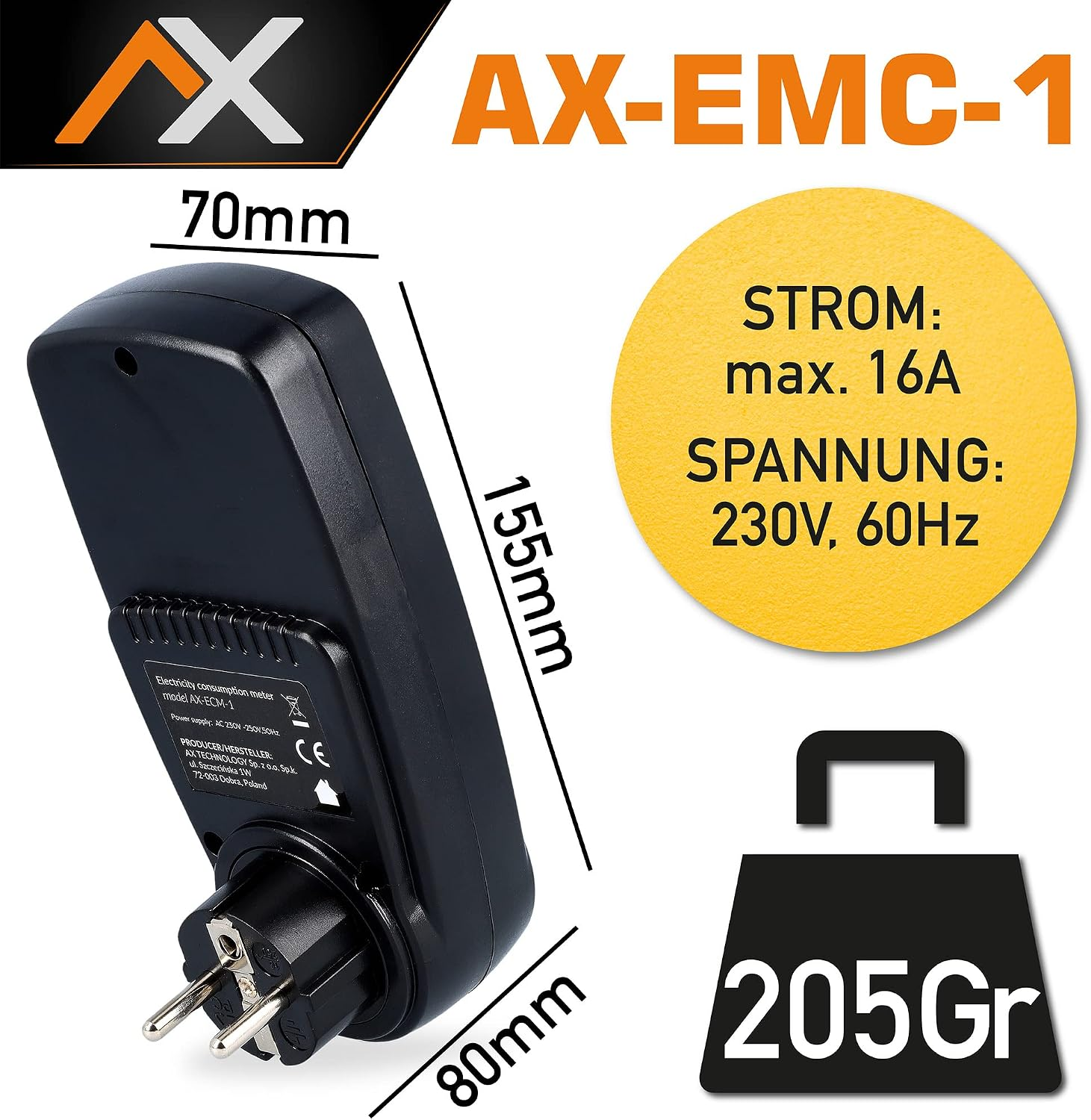 Schwarzes Energiemessgerät mit Maßen, max. 16A, 230V, 60Hz und 205g Gewicht.