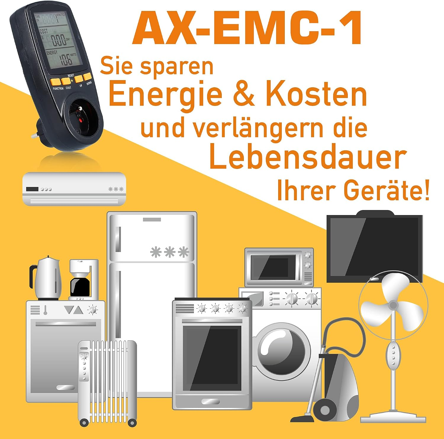 Energiemessgerät AX-EMC-1 mit verschiedenen Haushaltsgeräten auf gelbem Hintergrund.
