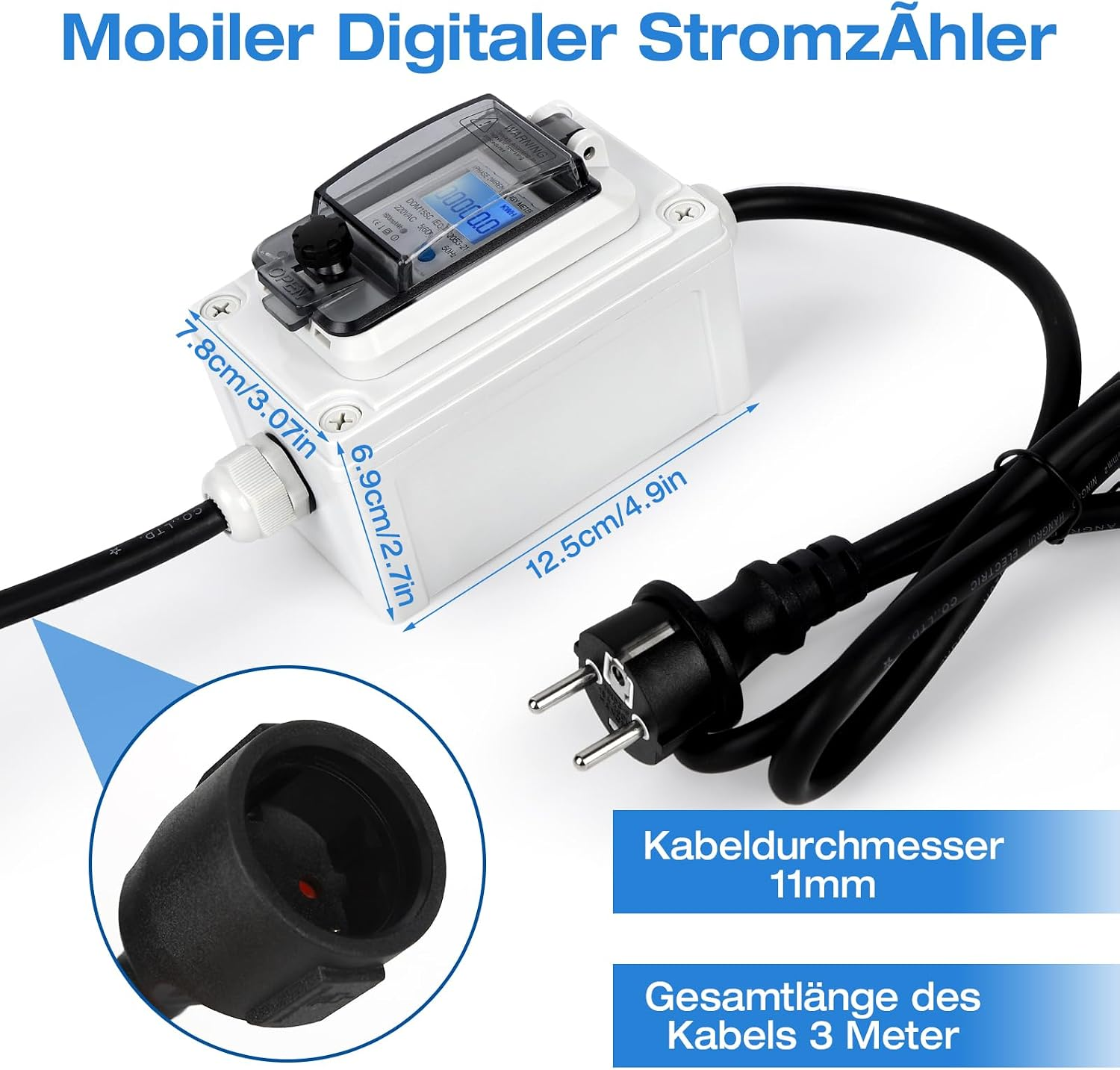 Mobiler digitaler Stromzähler mit schwarzem Kabel und Steckdose, Maße sind in Zentimetern und Zoll angegeben.