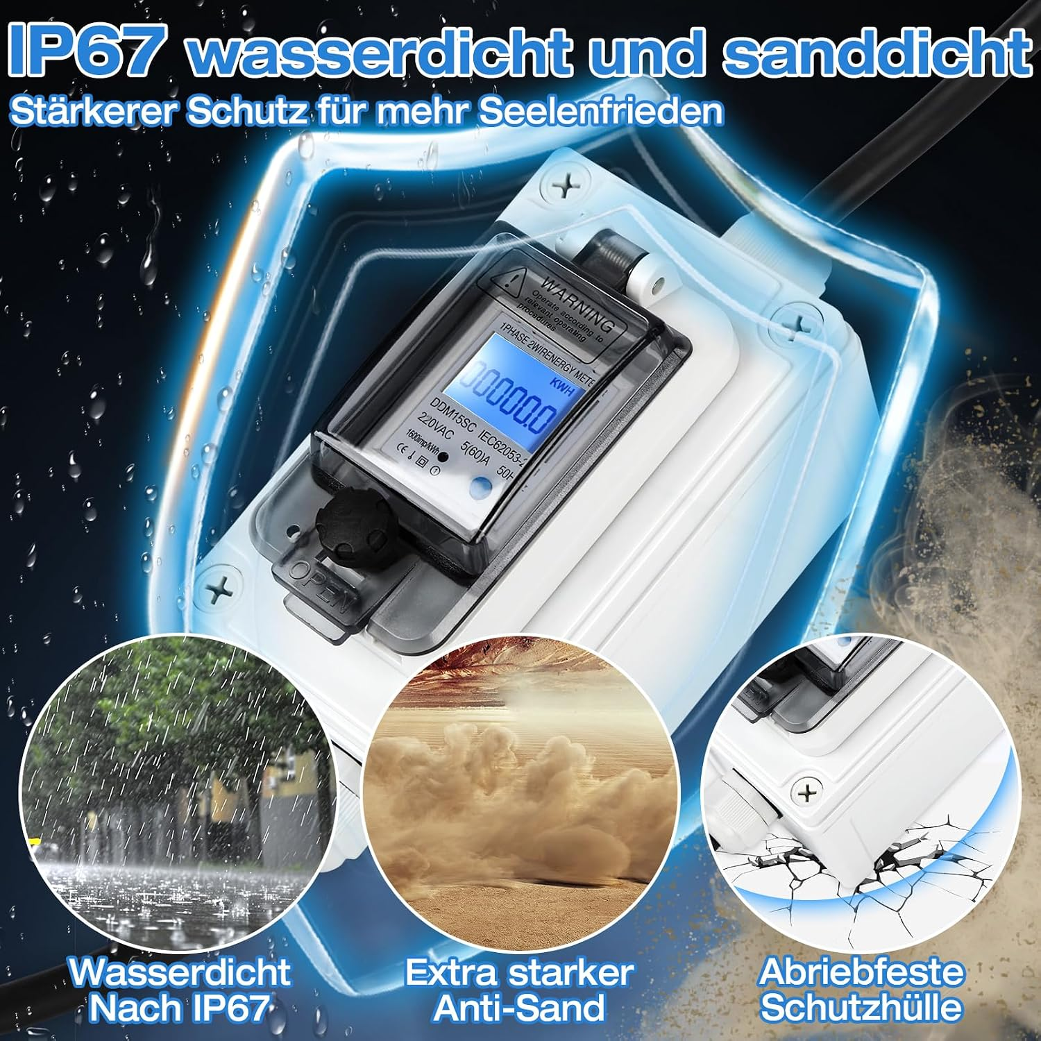 Ein weißer Stromzähler in einem IP67 wasser- und sanddichten Gehäuse, umgeben von Schutzsymbolen.