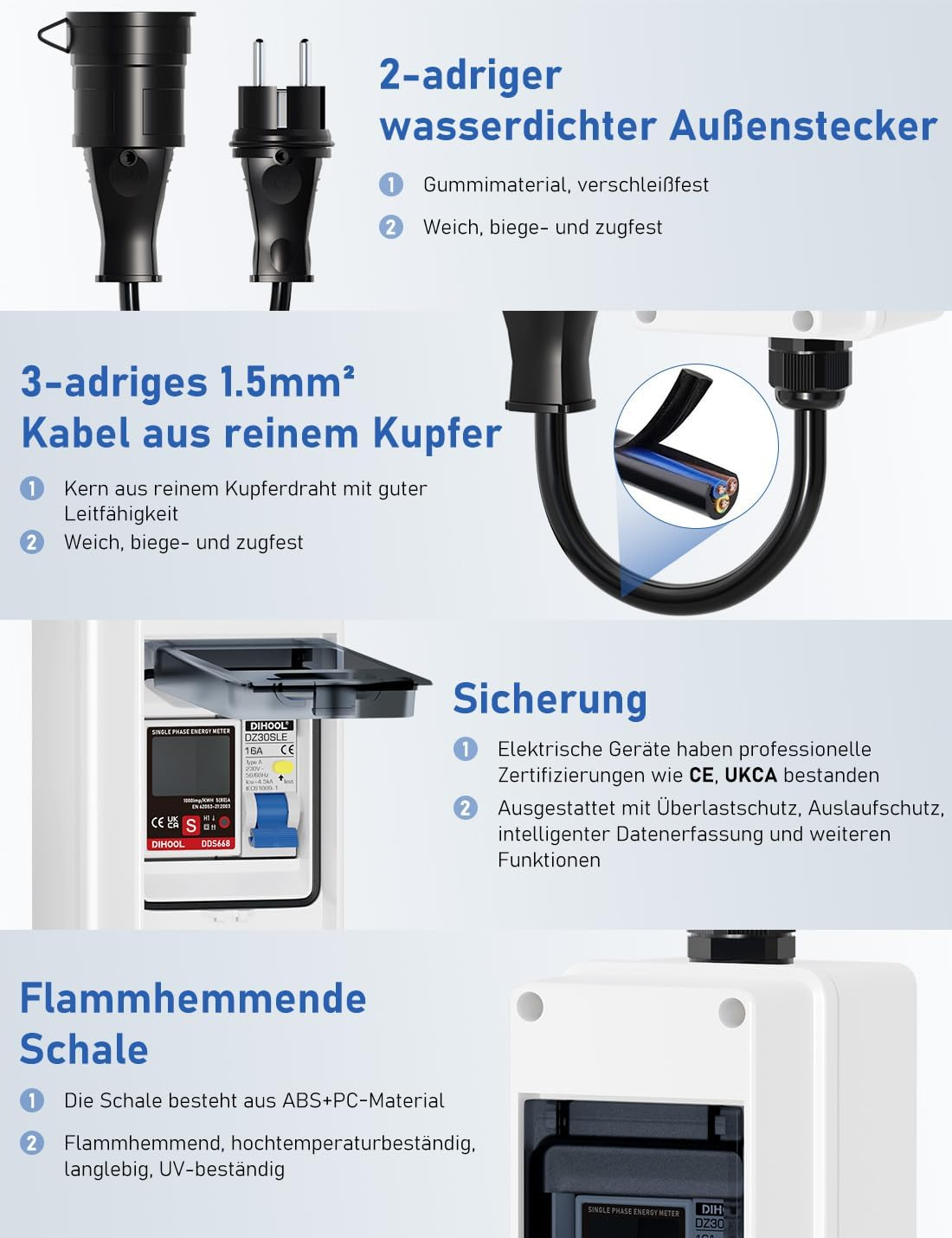 Produkteigenschaften eines wasserdichten Außensteckers, Kupferkabels, Sicherungsschutzes und flammhemmenden Gehäuses.