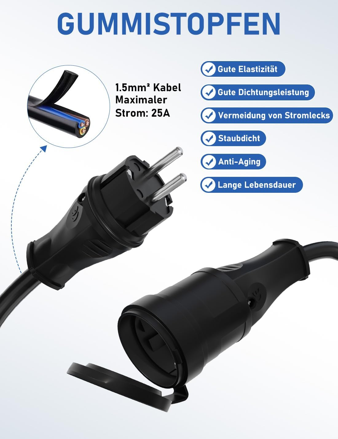 Schwarze Gummistecker mit Kabel, Produktdetails und blauen Textfeldern auf weißem Hintergrund.
