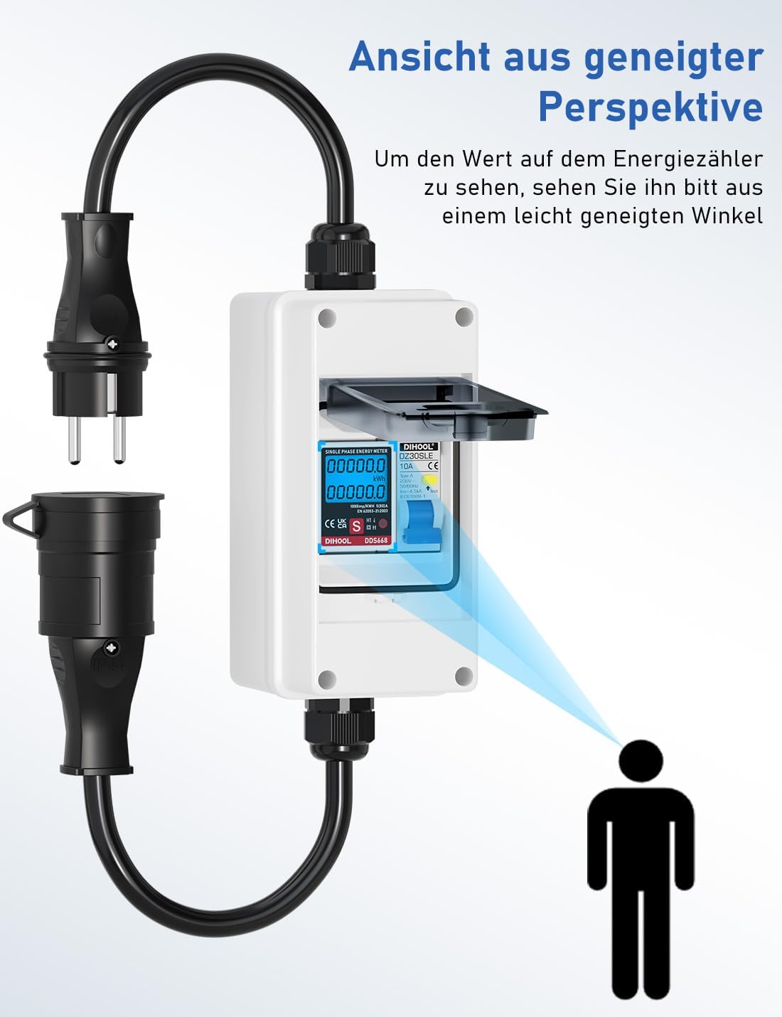 Ansicht eines weißen Energiezählers mit schwarzem Kabel aus geneigter Perspektive.