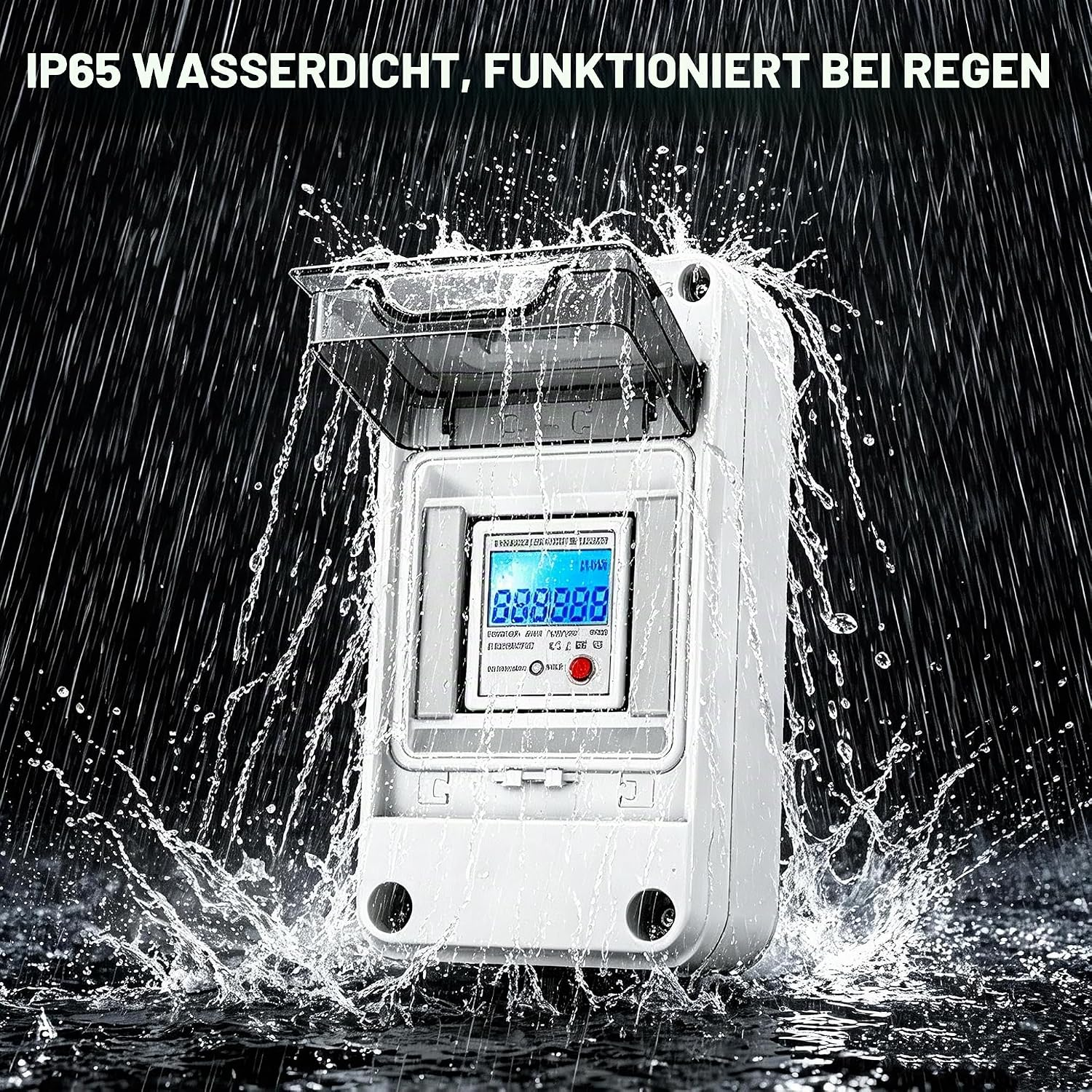 Wasserdichte weiße Außensteckdose mit digitalem Display unter heftigem Wasserstrahl und Spritzern.