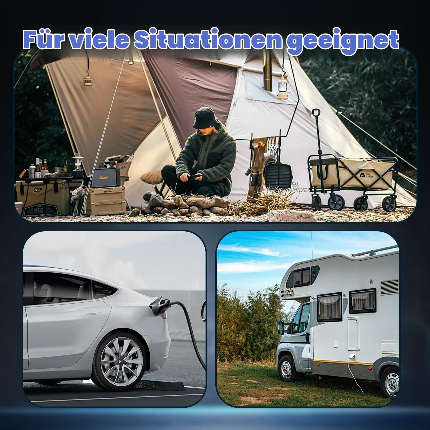 Drei Bilder zeigen Camping mit Zelt, ein E-Auto an der Ladestation und ein Wohnmobil im Grünen.
