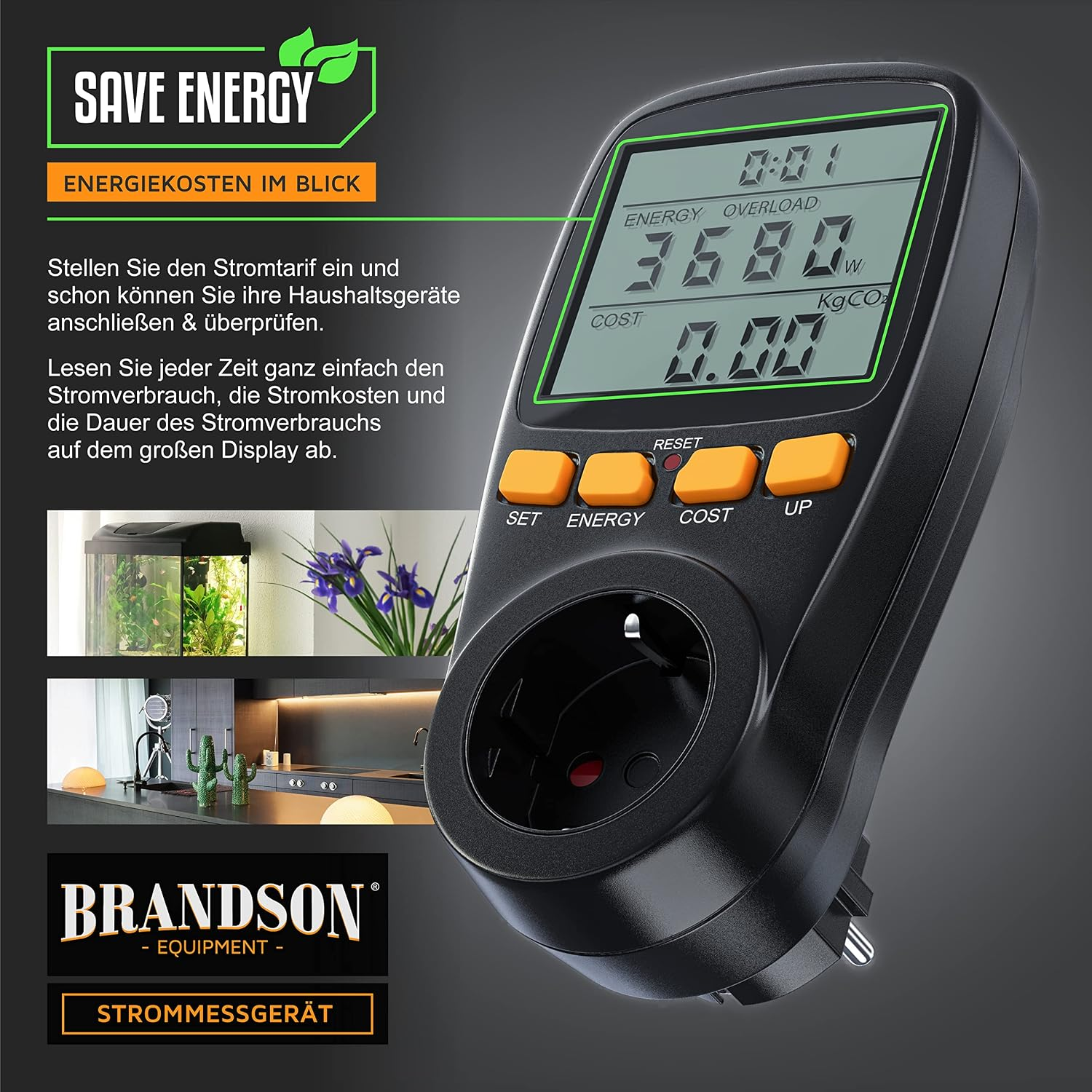 Ein schwarzes Energiekostenmessgerät mit digitalem Display, vier orangen Tasten und Steckdose, mit deutschem Text.