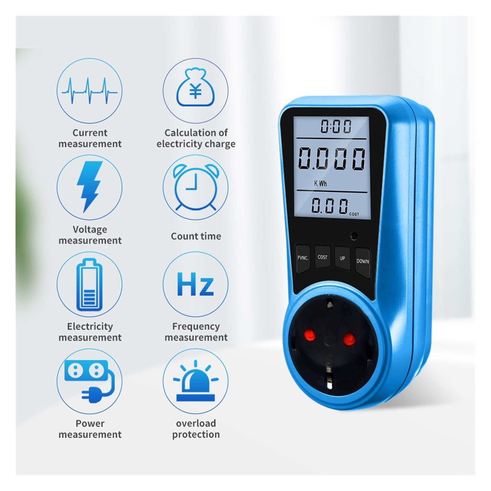Ein blaues digitales Strommessgerät mit LCD-Bildschirm, Stecker und Funktionssymbolen links.