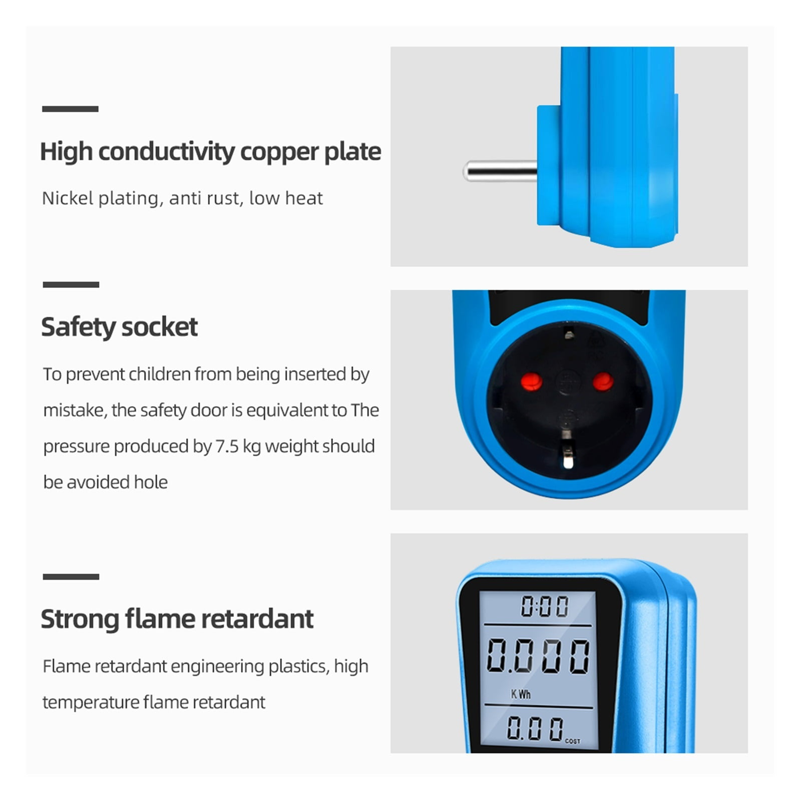 Infografik zeigt blaue Steckdose mit Kupferstift, Schutzvorrichtung und digitalem Display.