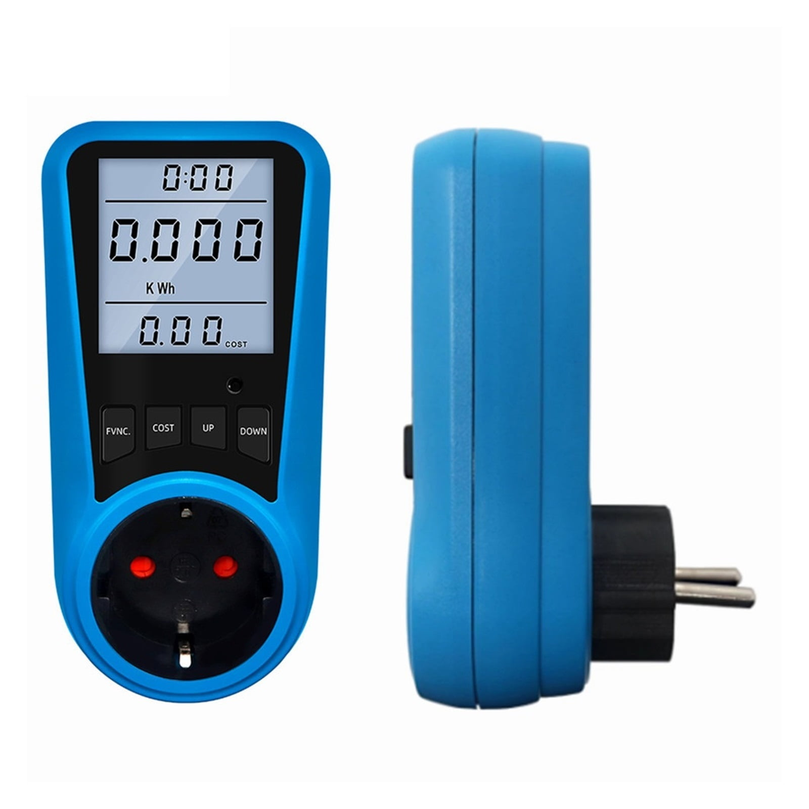 Ein blauer Stromkostenmesser von vorne und der Seite, mit digitalem Display und Stecker.