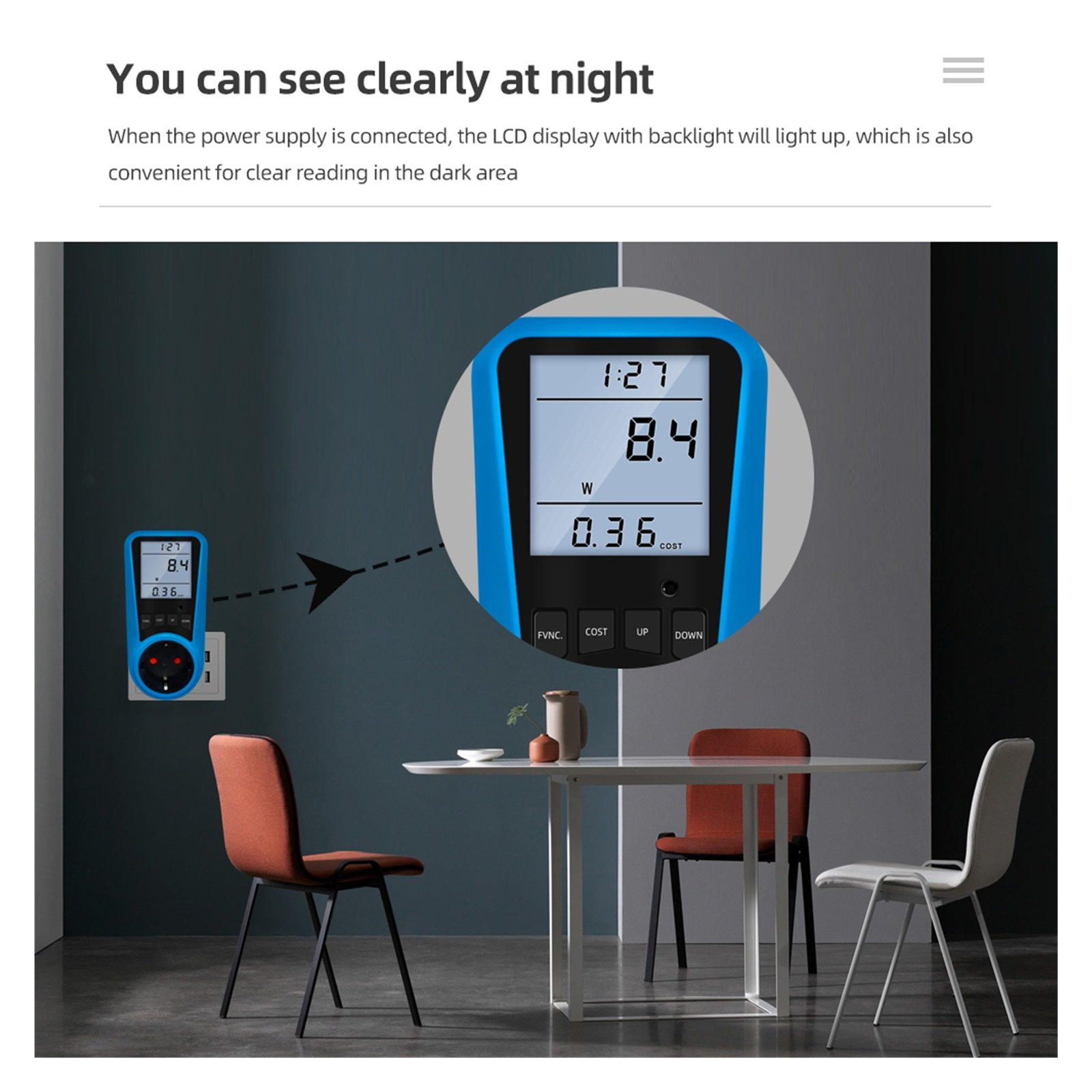 Ein blaues Strommessgerät steckt in der Wand, mit beleuchtetem LCD-Display im dunklen Raum.