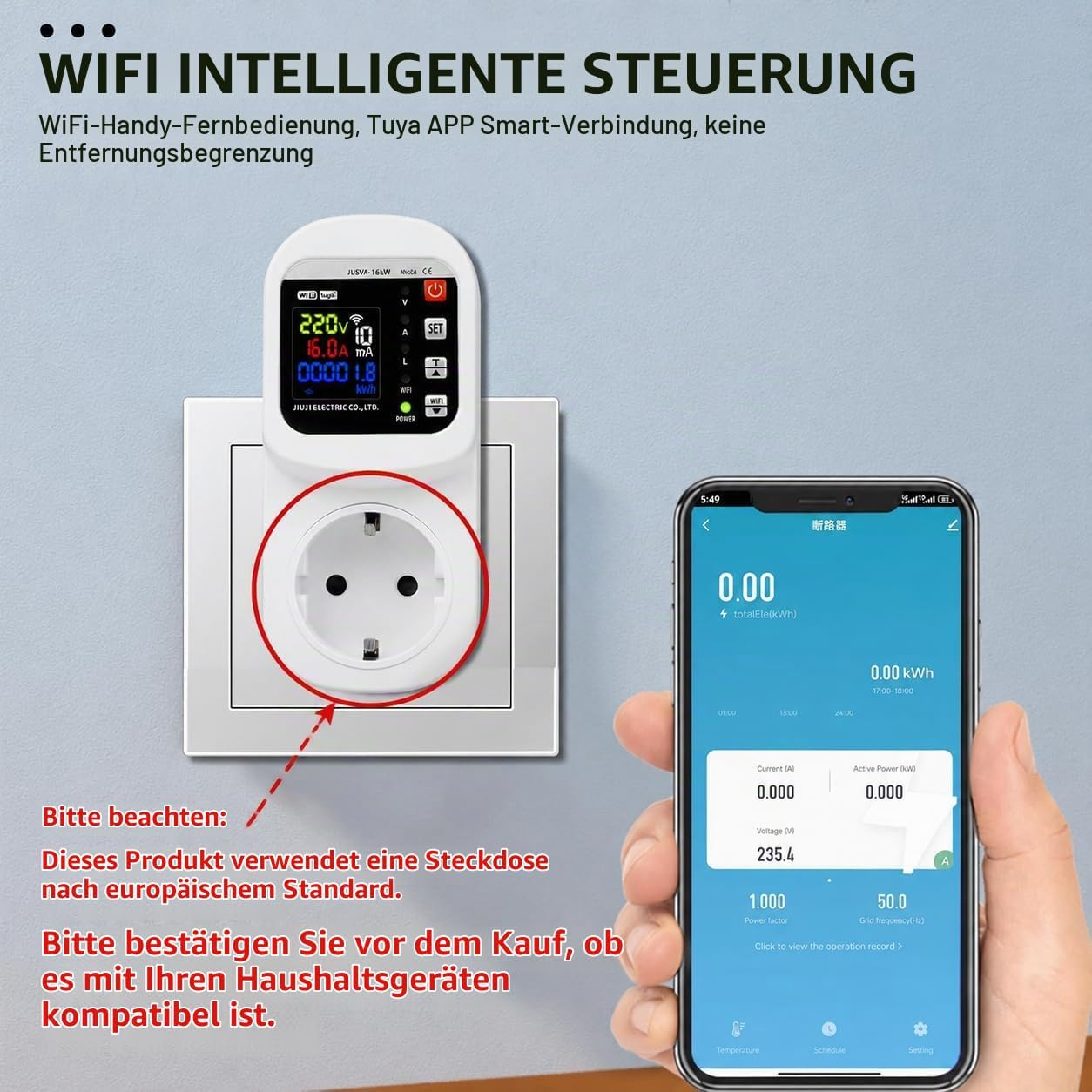 WLAN-Smart-Steckdose mit App-Steuerung und Digitaldisplay, eingesteckt in eine europäische Wandsteckdose.