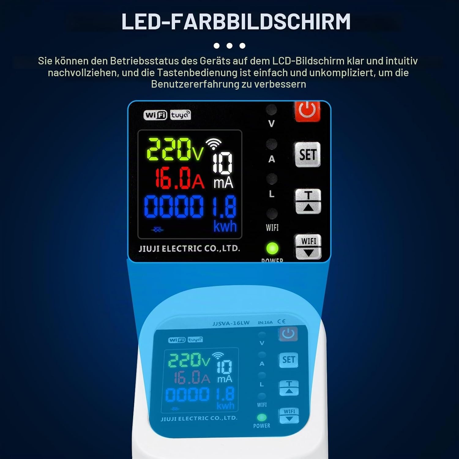 Digitale LED-Anzeige eines elektrischen Messgeräts mit Spannung, Stromstärke und kWh.