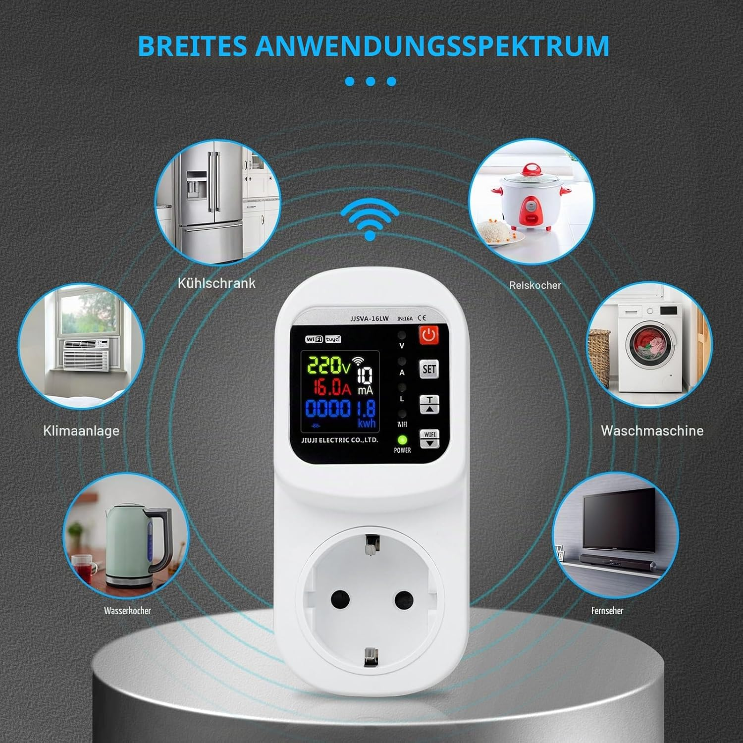 Eine intelligente Steckdose mit Digitaldisplay, umgeben von WLAN-verbundenen Haushaltsgeräten.