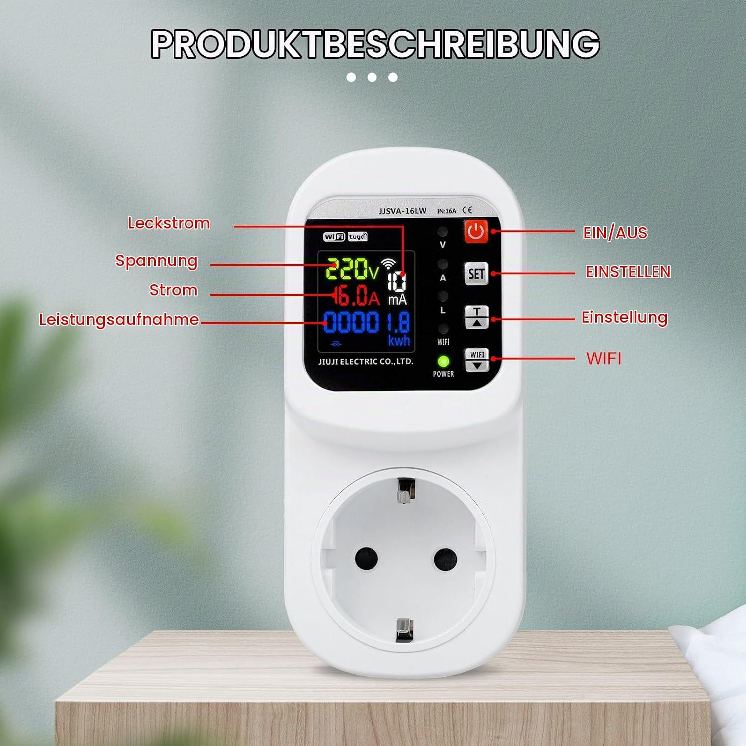 Intelligenter Steckdosen-Stromzähler mit LCD-Bildschirm, Tasten und deutscher Produktbeschreibung.