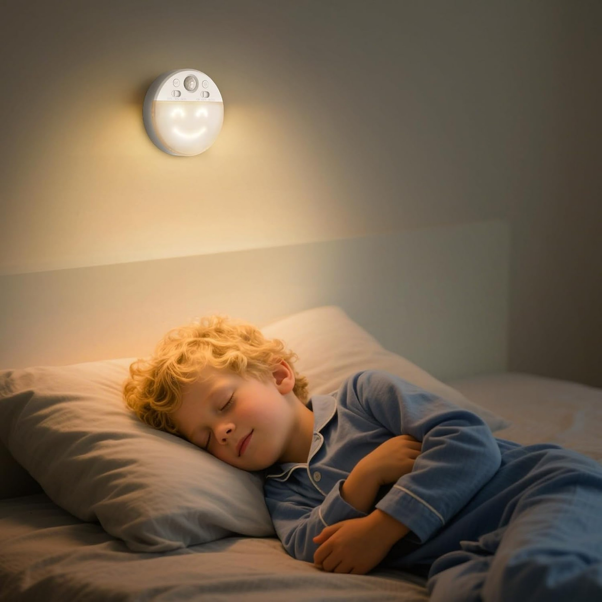 Ein blondes Kind schläft friedlich im Bett unter einem warmen, lächelnden Nachtlicht an der Wand.