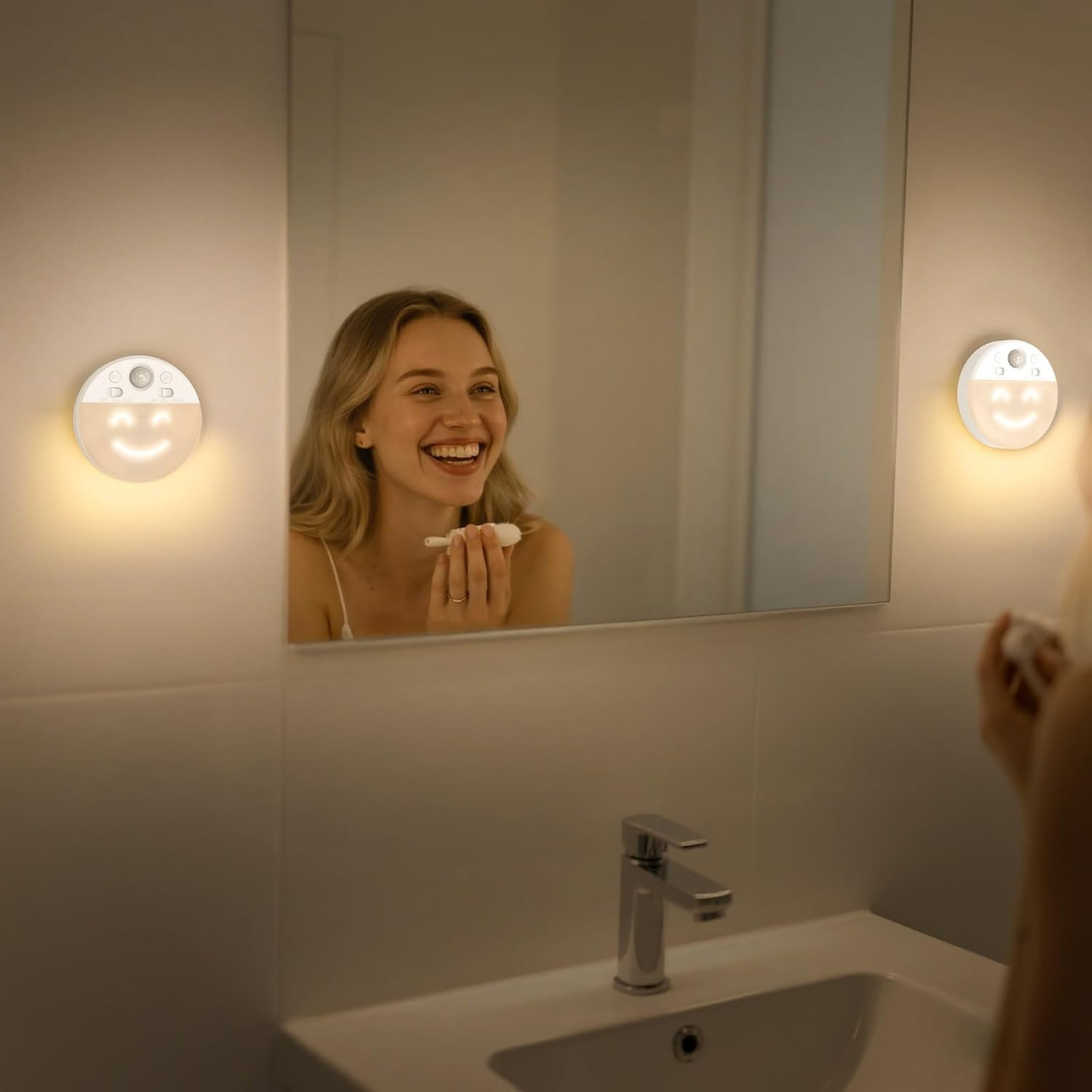 Eine lächelnde Frau putzt sich vor dem Badezimmerspiegel zwischen zwei leuchtenden Nachtlichtern die Zähne.