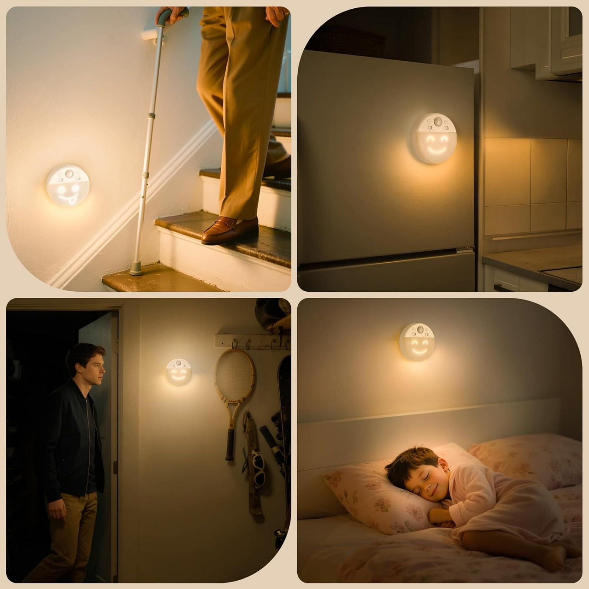 Ein Smiley-Nachtlicht leuchtet in vier verschiedenen Räumen, von Treppen bis zum Kinderzimmer.