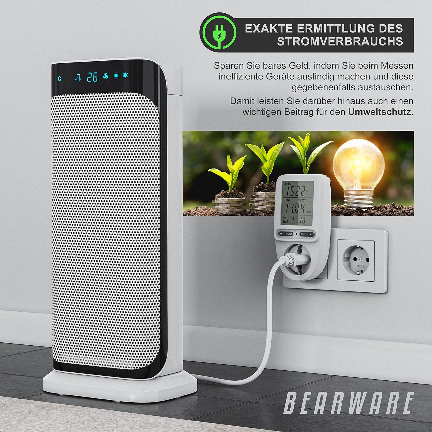Ein weißer Turmheizer neben einem Energiekostenmessgerät in der Steckdose, mit deutscher Werbetext oben.