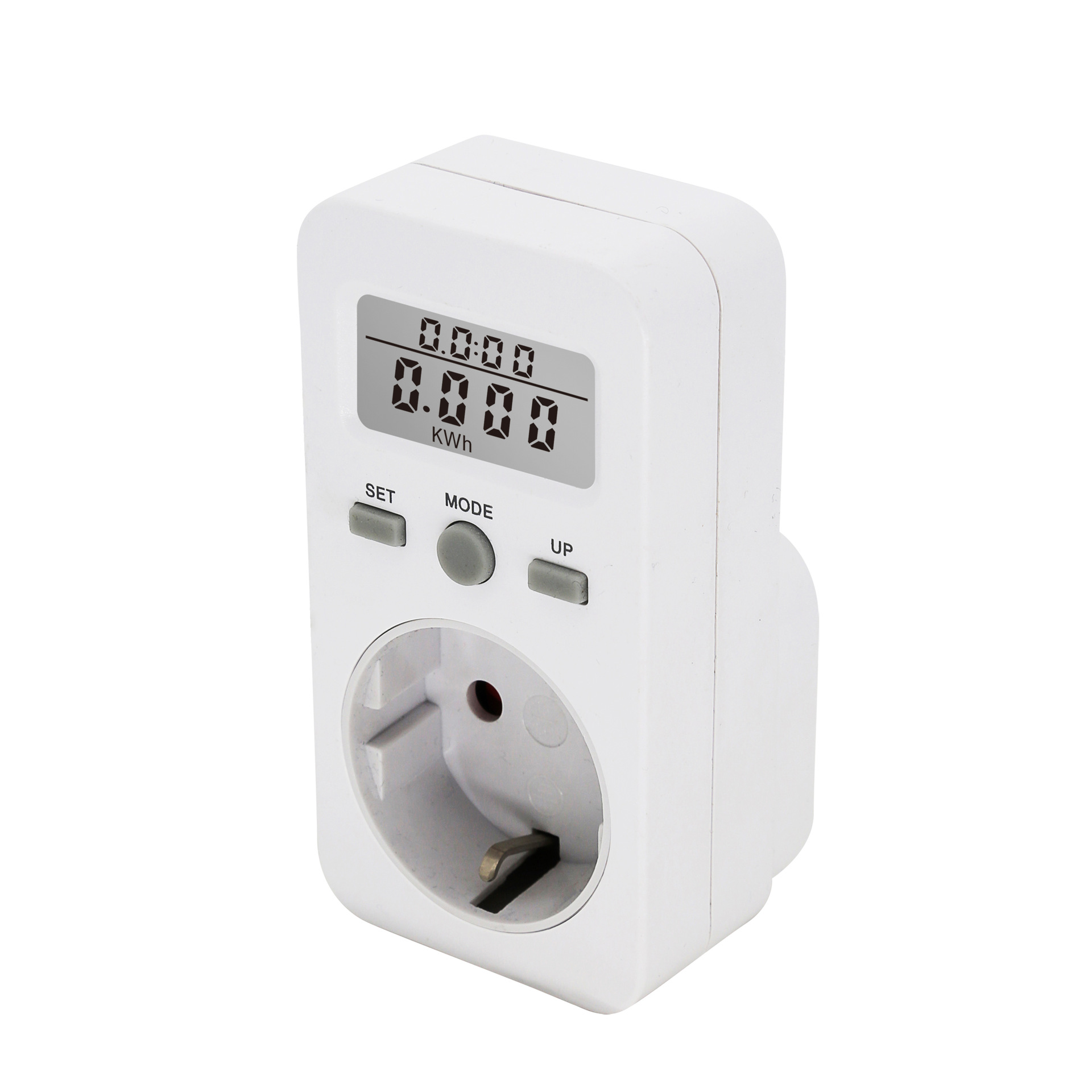 Ein weißes Energiemessgerät mit digitalem Display, drei grauen Tasten und einer Steckdose auf der Vorderseite.
