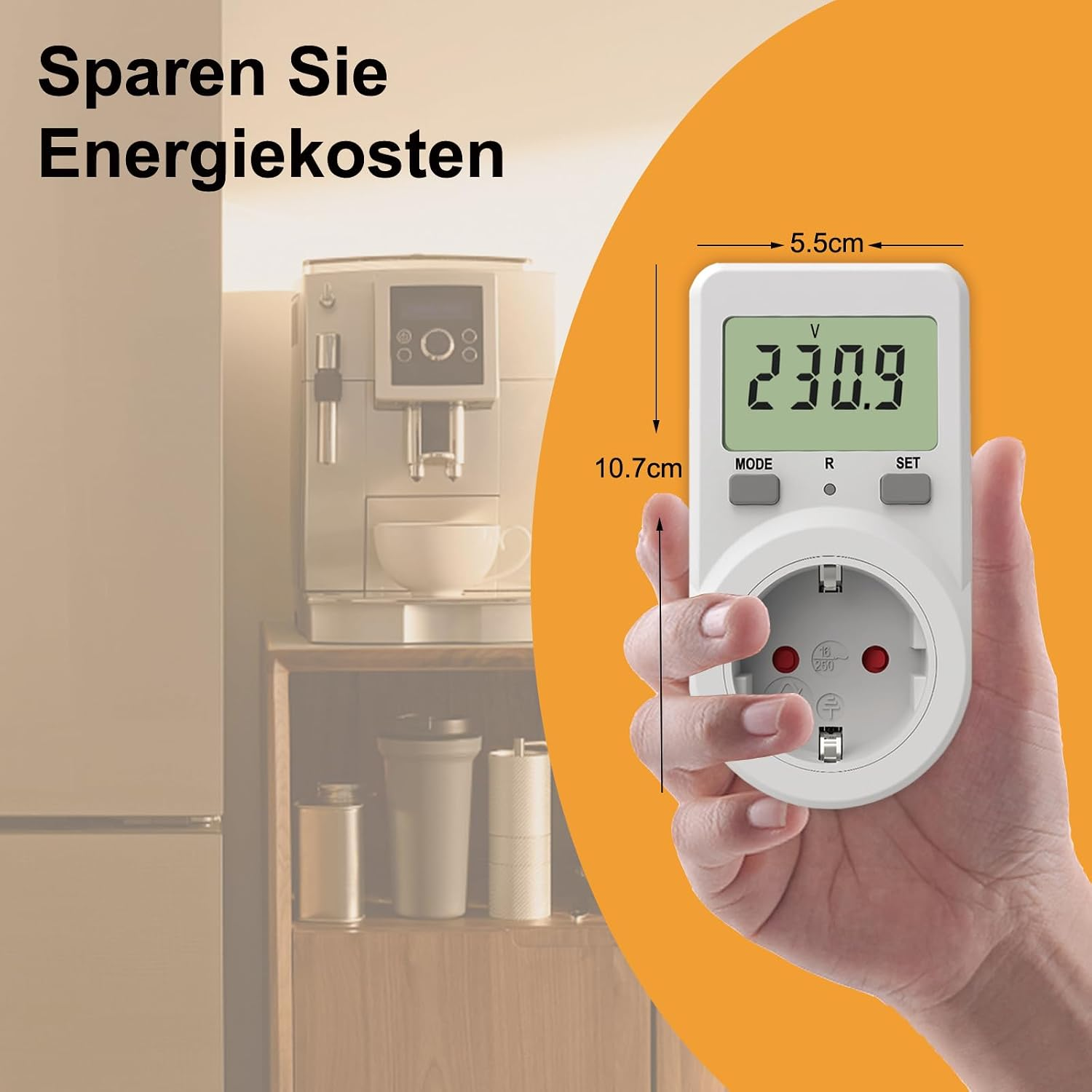 Hand hält weißes Strommessgerät mit digitalem Display und Maßen 10.7x5.5cm.