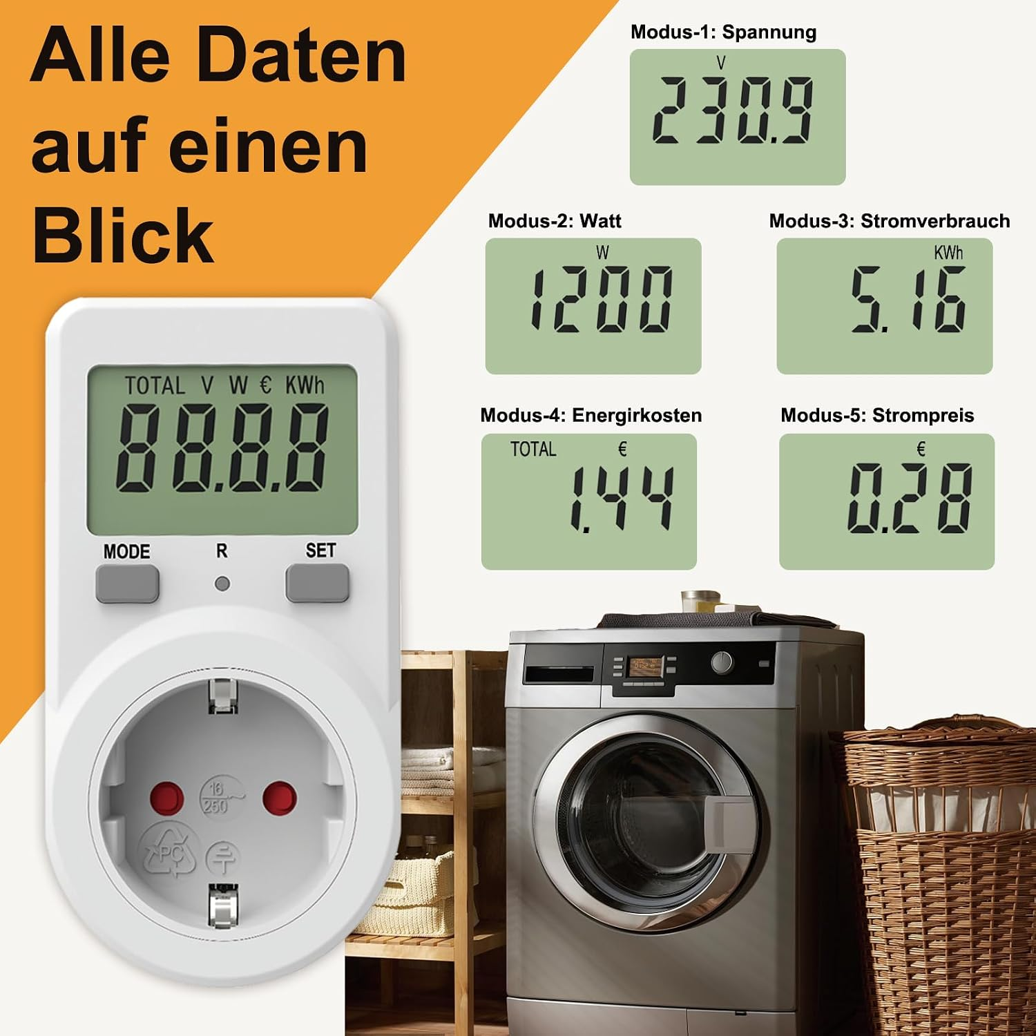Energiekostenmessgerät mit Display und verschiedenen Anzeigemodi für Spannung, Watt, Stromverbrauch, Kosten und Preis.