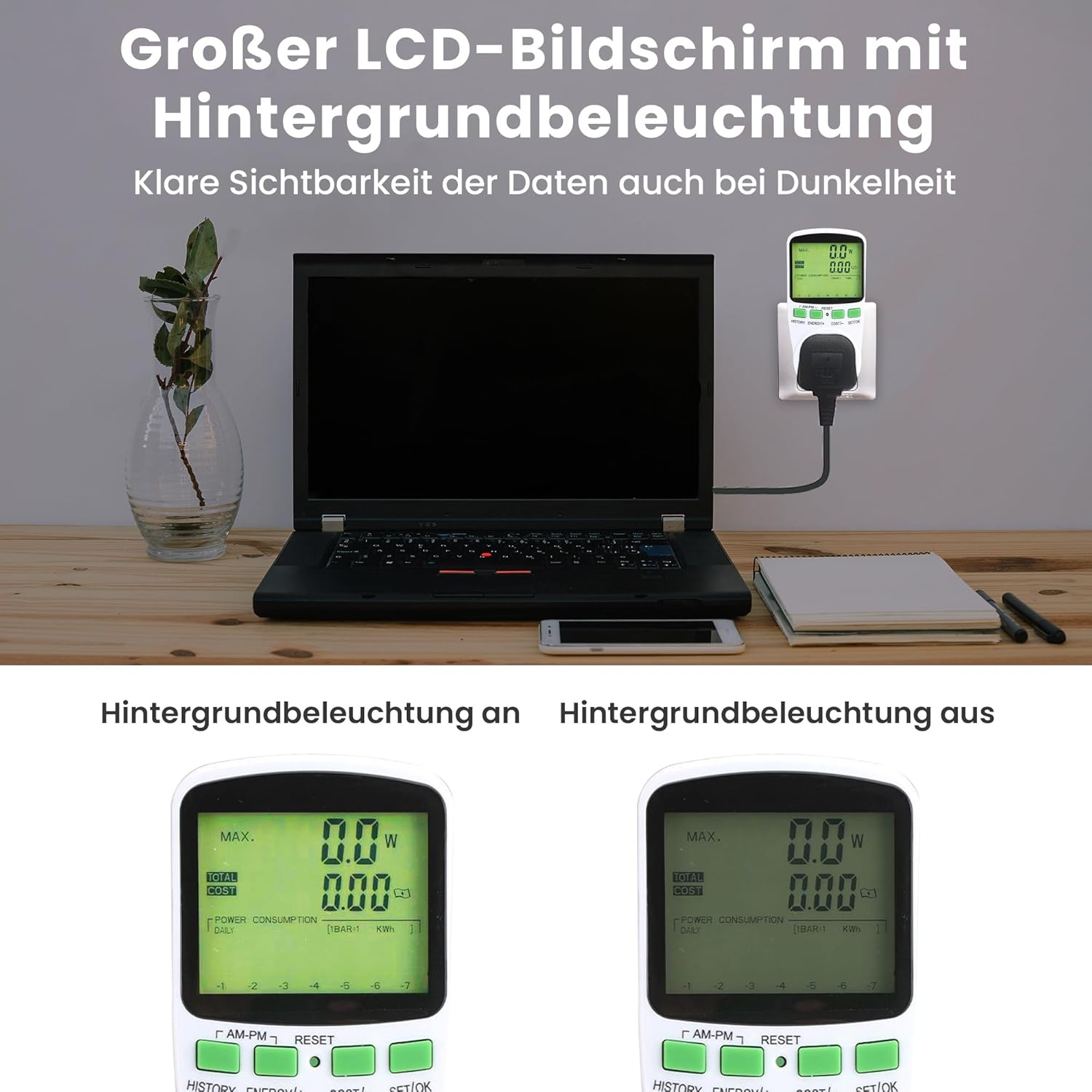 Ein Stromverbrauchsmessgerät in einer Steckdose neben einem Laptop auf einem Holztisch mit Text.