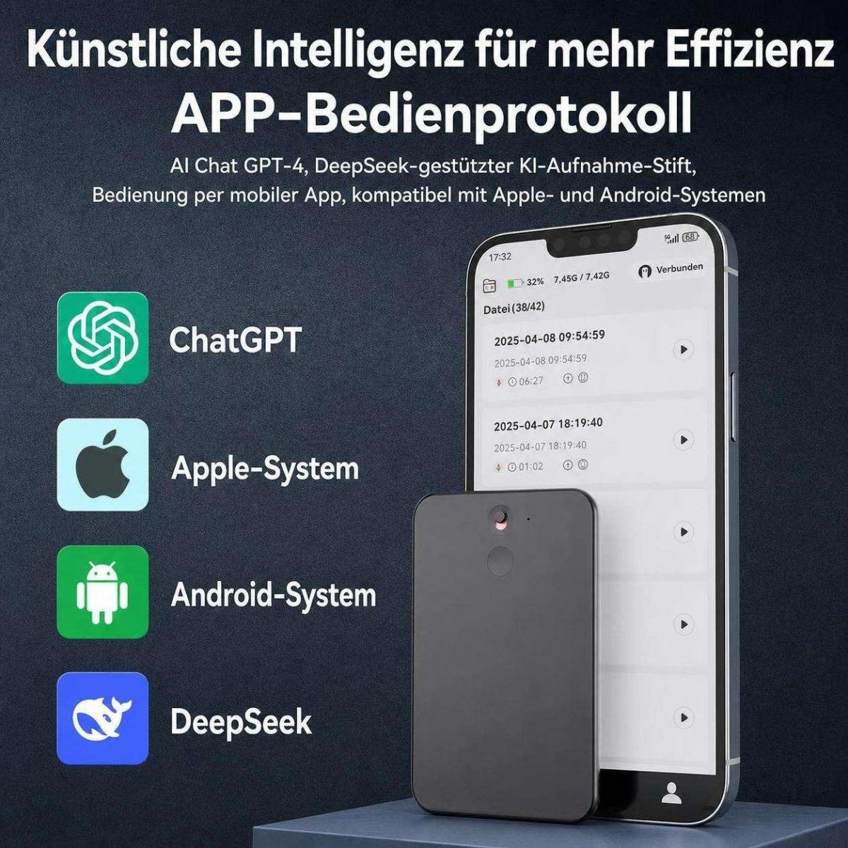 Werbebild für KI-Aufnahmestift mit App-Steuerung, ChatGPT-Integration und Kompatibilität für Apple und Android.