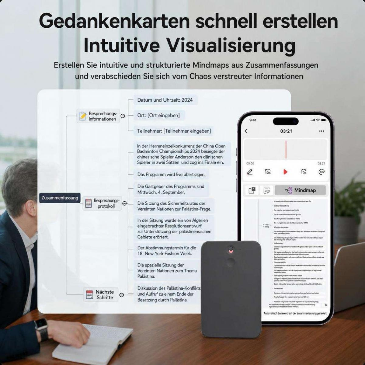 Grafik zeigt Mindmap-Erstellung mit Texten auf Deutsch, einem Smartphone und einem Laptop im Hintergrund.