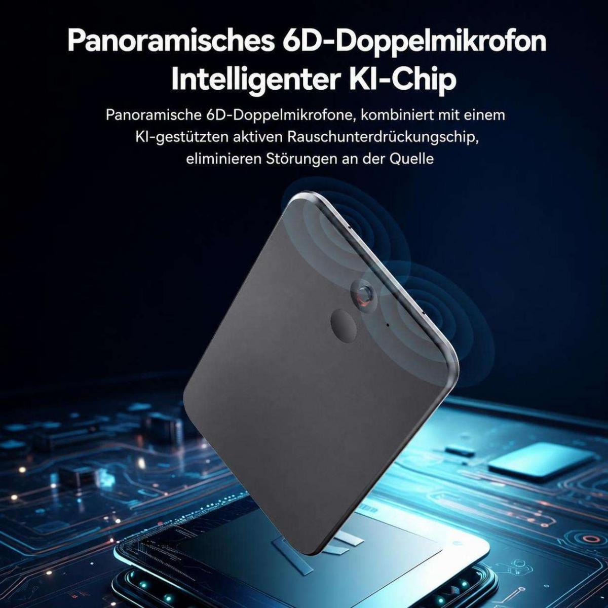 Smartphone mit KI-Rauschunterdrückung über Leiterplatten-Hintergrund.