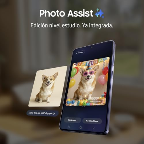 Smartphone mit Foto-Assistent, das ein Corgi-Foto in eine Party-Szene umwandelt.