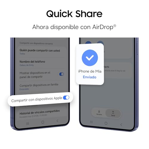 Zwei Smartphones zeigen Quick Share-Einstellungen zur Dateifreigabe mit Apple-Geräten.