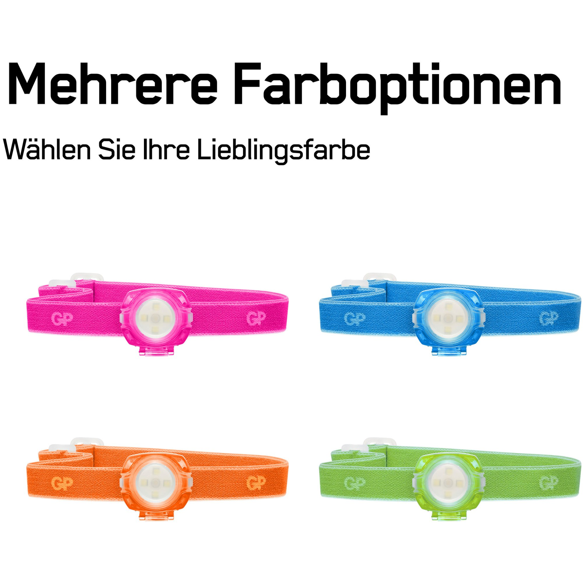 Vier farbige Stirnlampen in Pink, Blau, Orange und Grün mit passenden Kopfbändern.