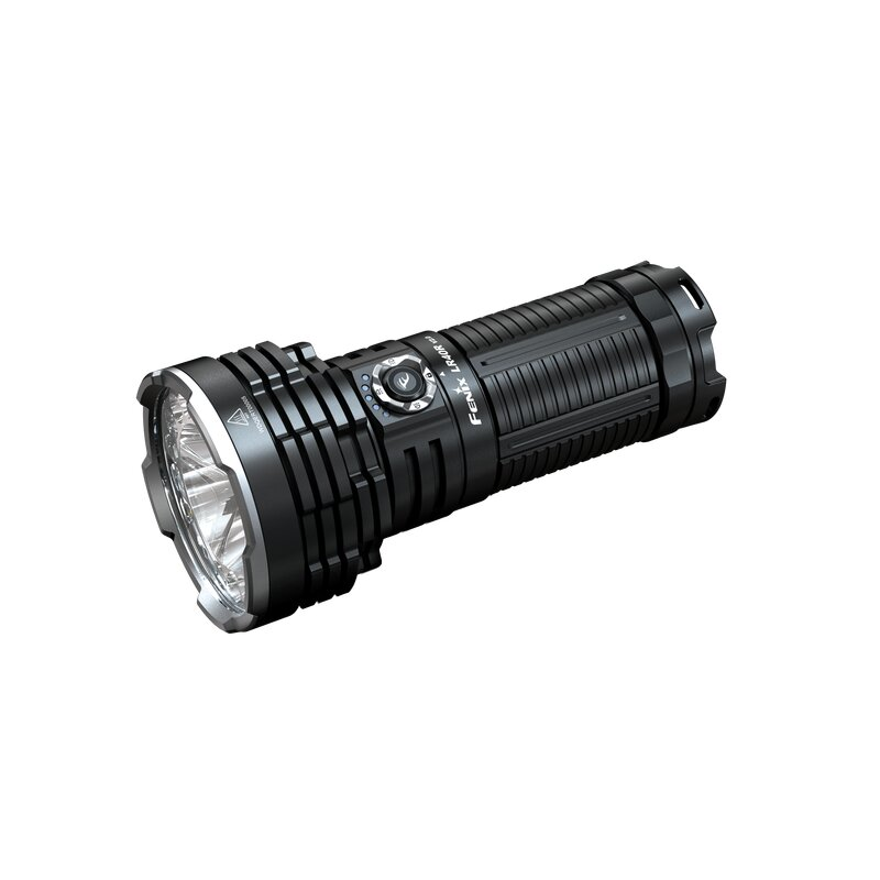 Eine schwarze Fenix LR40R V2.0 Taschenlampe mit geripptem Gehäuse und silberner Blende auf weißem Hintergrund.