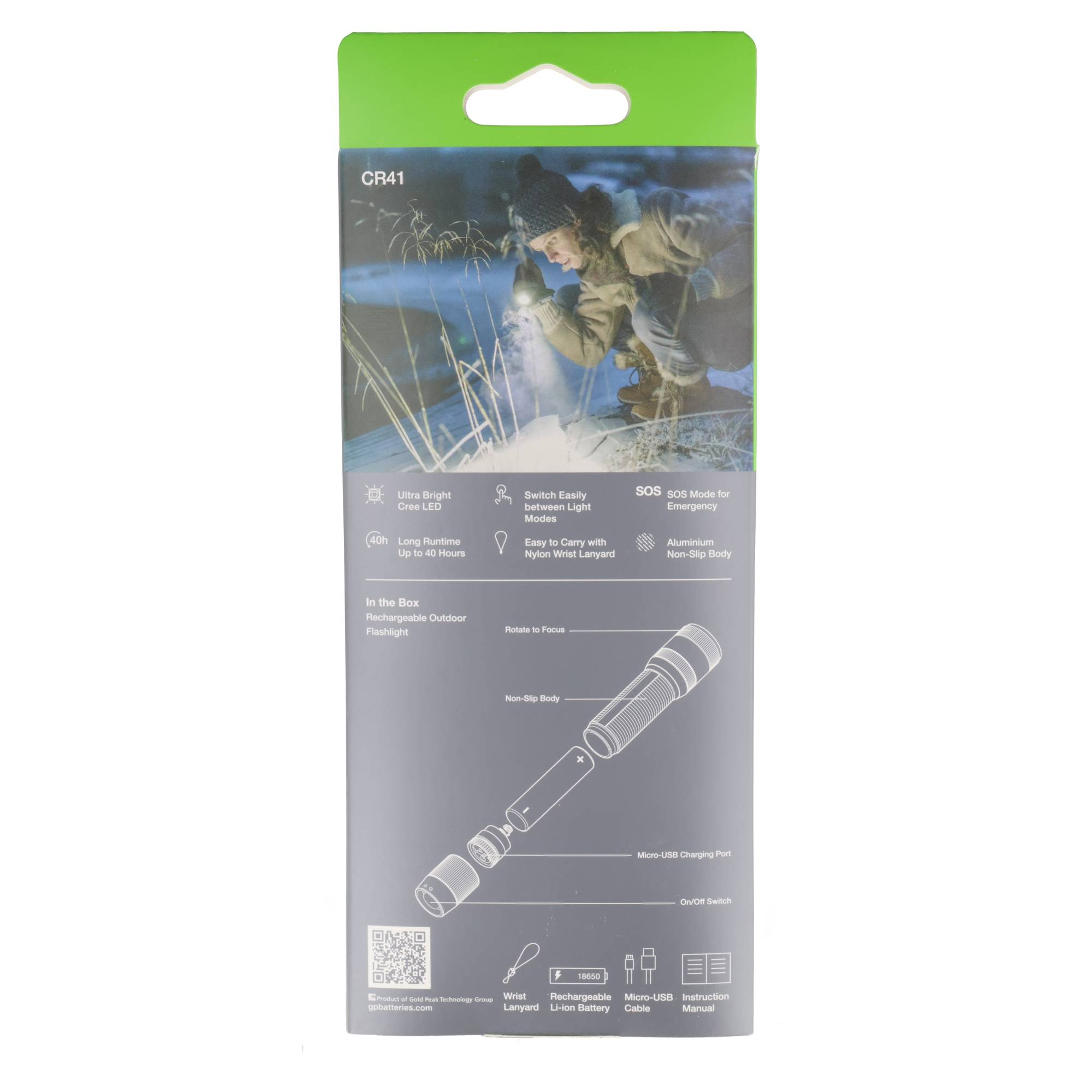 Verpackung der CR41 LED-Taschenlampe mit Produktdetails und Bild einer Person im Freien.