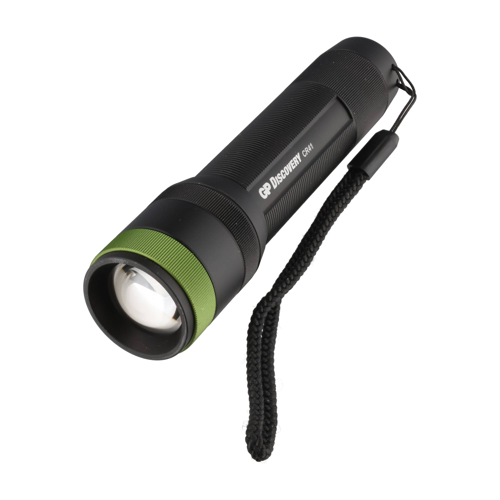 Eine schwarze GP Discovery CR41 Taschenlampe mit grünem Ring und schwarzer Handschlaufe vor weißem Hintergrund.