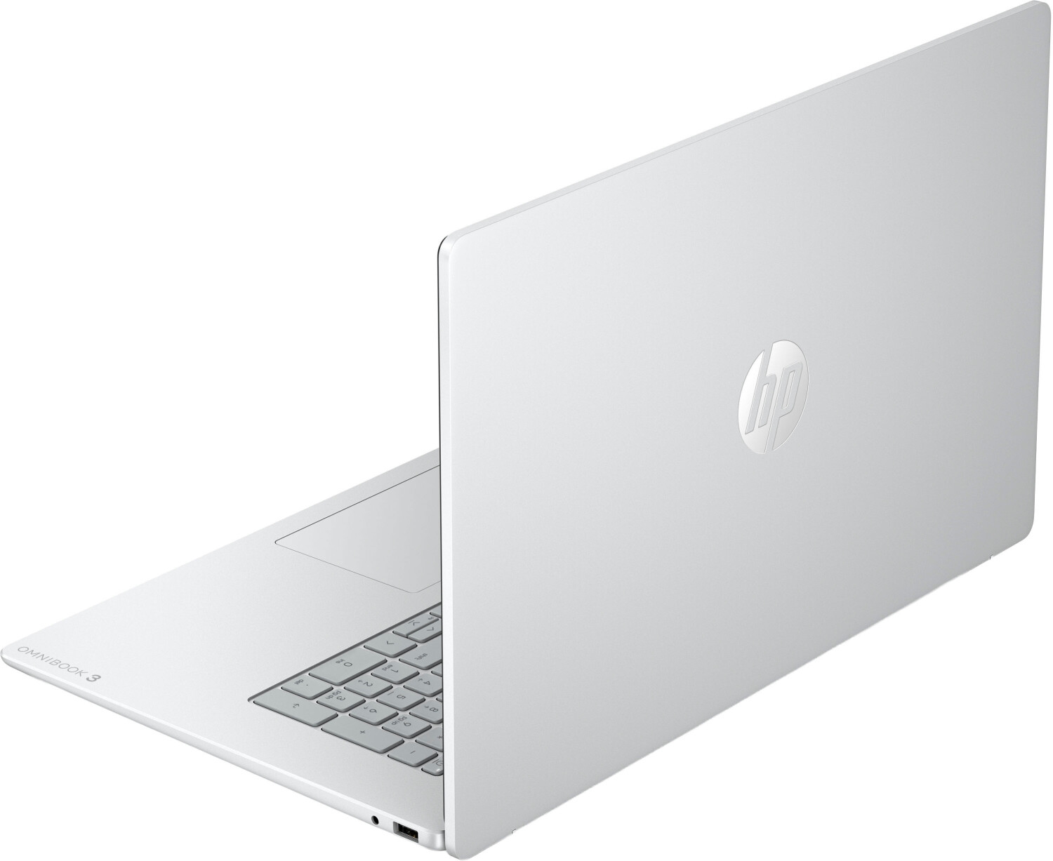 Ein silberner HP Omnibook Laptop ist halb geöffnet auf weißem Hintergrund dargestellt.