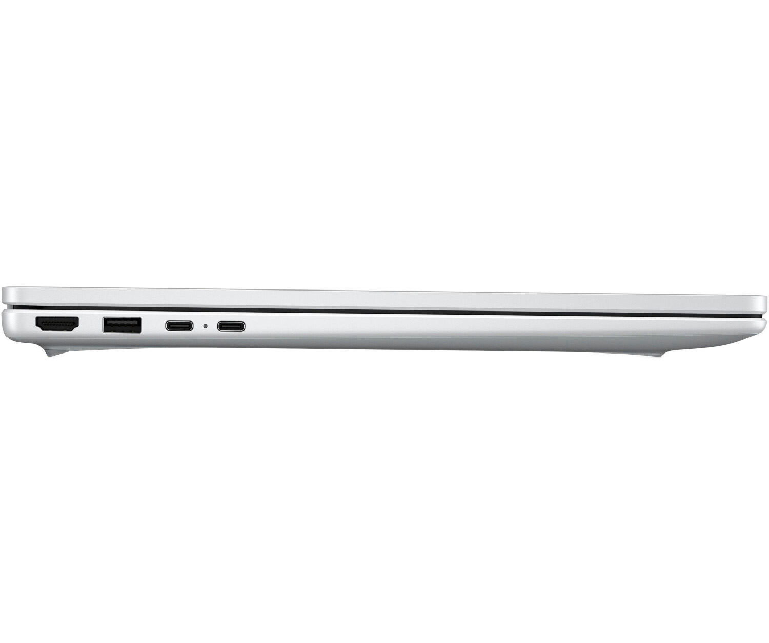 Seitenansicht eines silbernen Laptops mit HDMI-, USB-A- und zwei USB-C-Anschlüssen.
