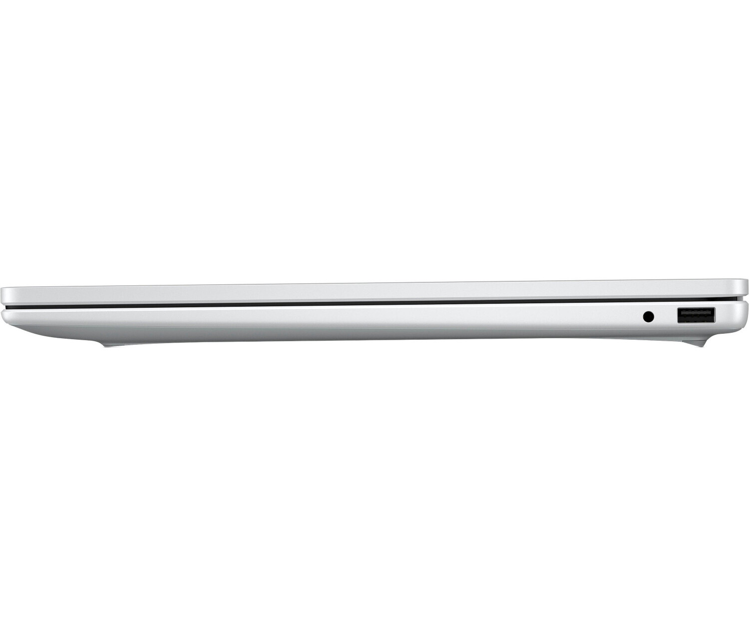 Seitenansicht eines silbernen Laptops mit sichtbaren Anschlüssen und flachem Design.
