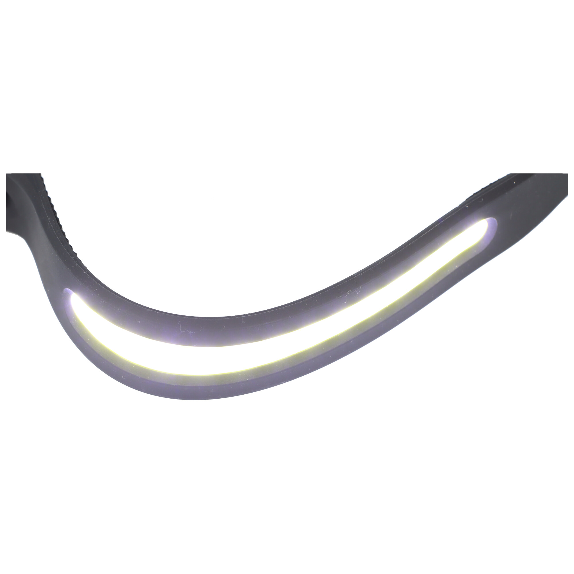 Nahaufnahme eines gebogenen schwarzen Stirnbandes mit einem hell leuchtenden LED-Lichtband auf weißem Hintergrund.