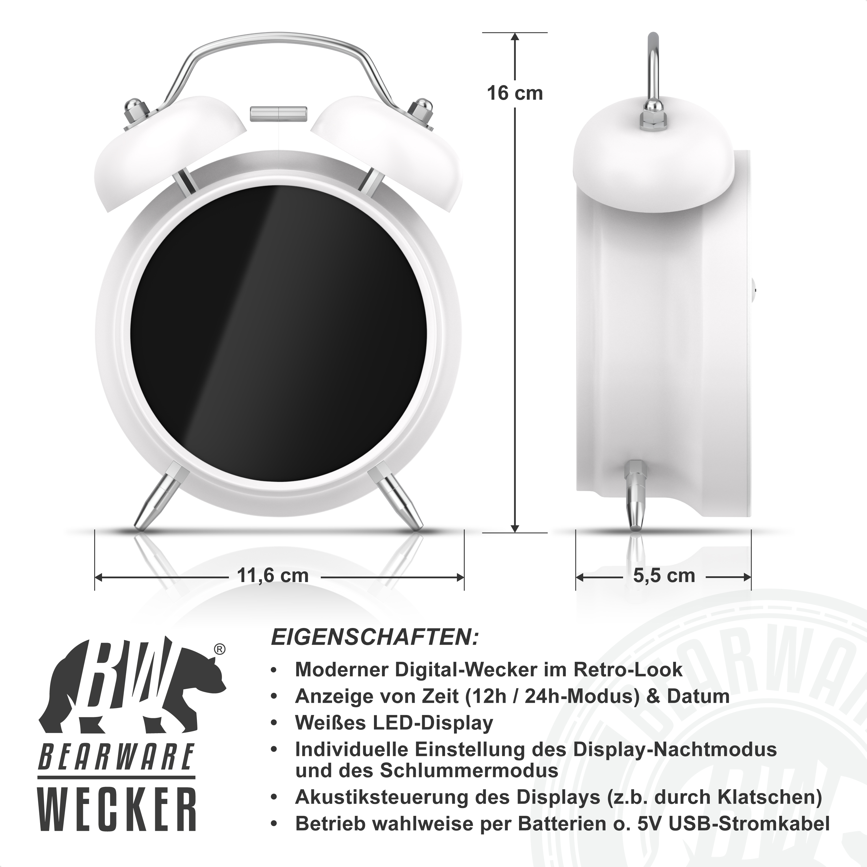Weisser Retro-Digitalwecker mit Abmessungen, Logo und deutschen Produkteigenschaften unten.