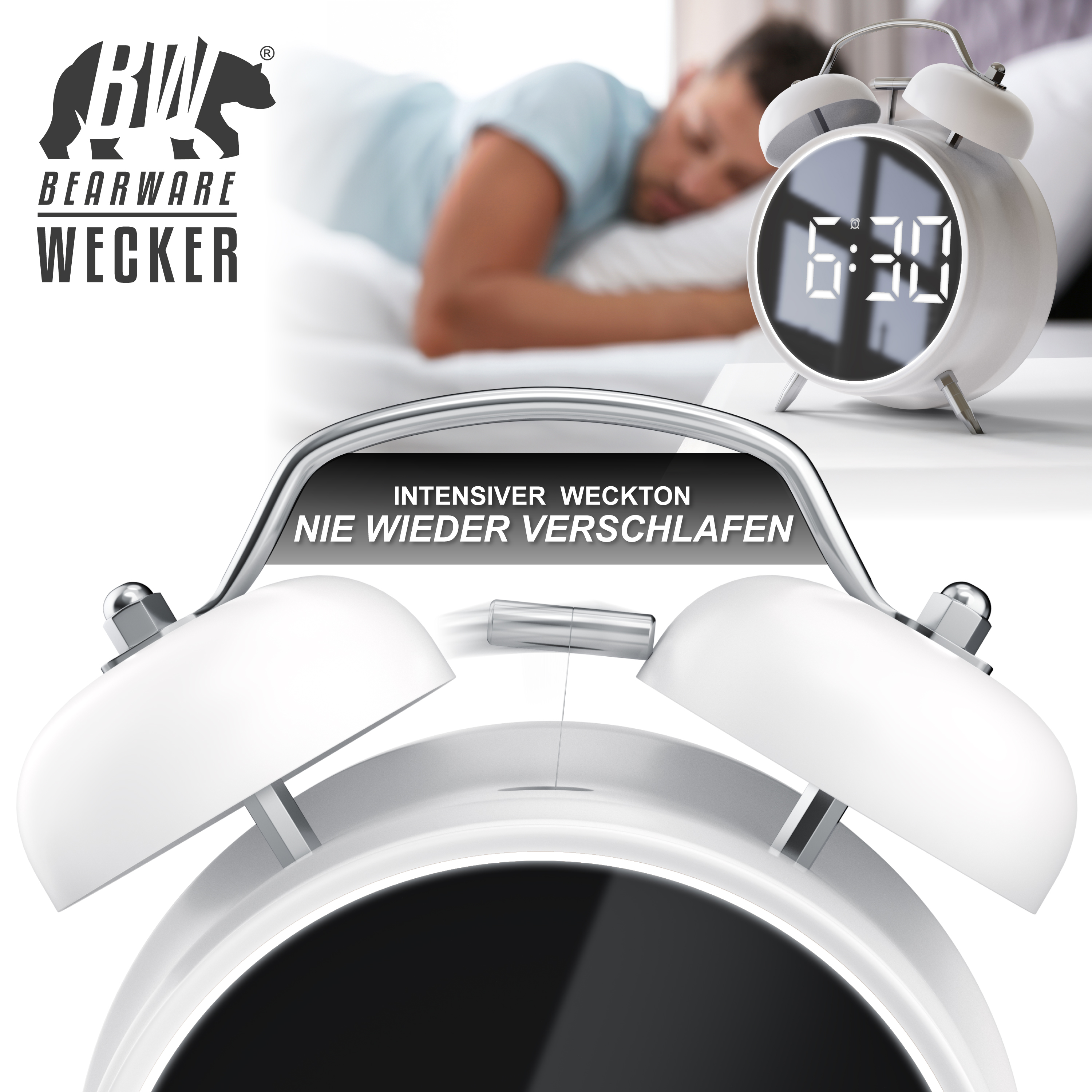 Weisser Wecker mit digitaler Anzeige und Doppelexplosionsglocken im Vordergrund, im Hintergrund schlaefft ein Mann.